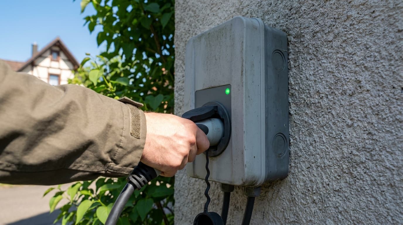 Nahaufnahme einer Hand, die ein Ladekabel in eine Wallbox mit grüner Statusanzeige steckt