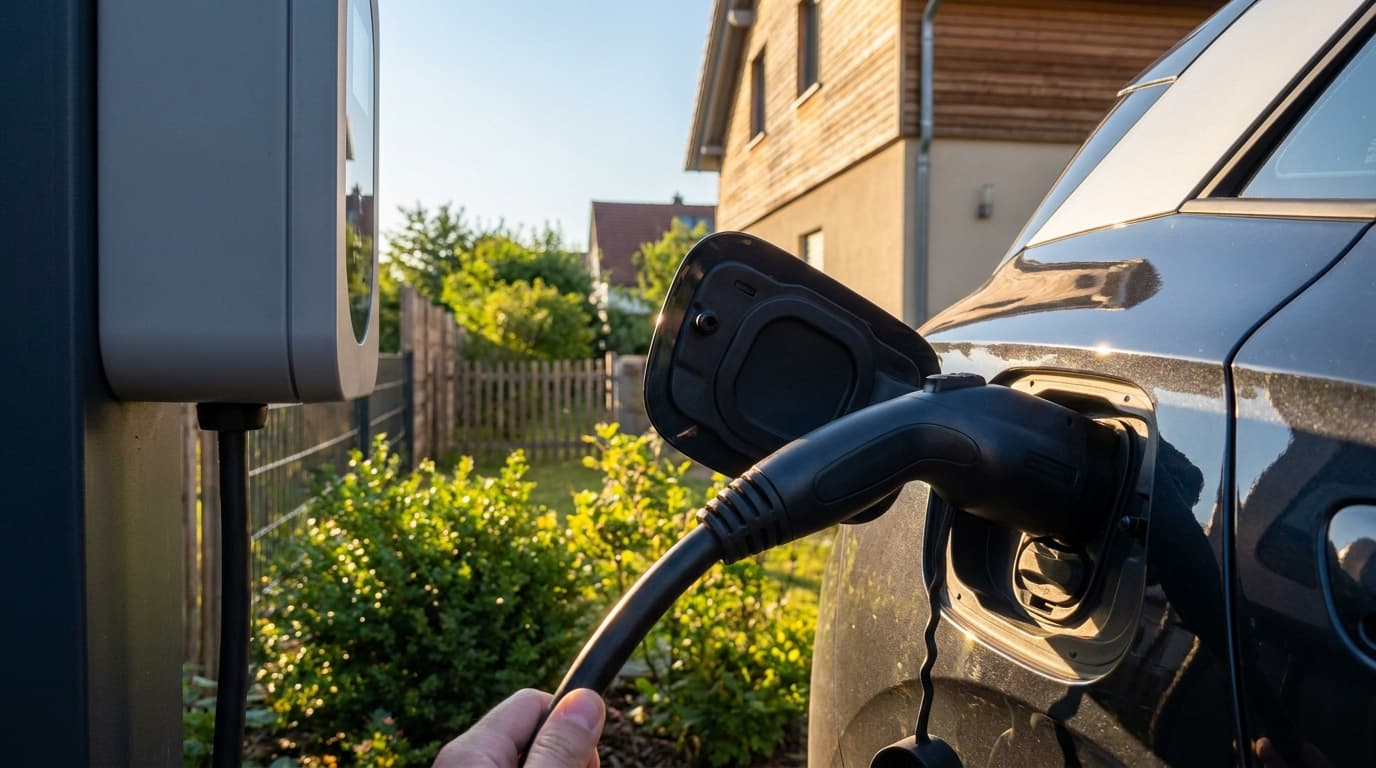 Ein Elektroauto lädt an einer privaten Wallbox, die an der Hauswand eines Einfamilienhauses befestigt ist. Das Ladekabel ist fest mit dem Auto verbunden.