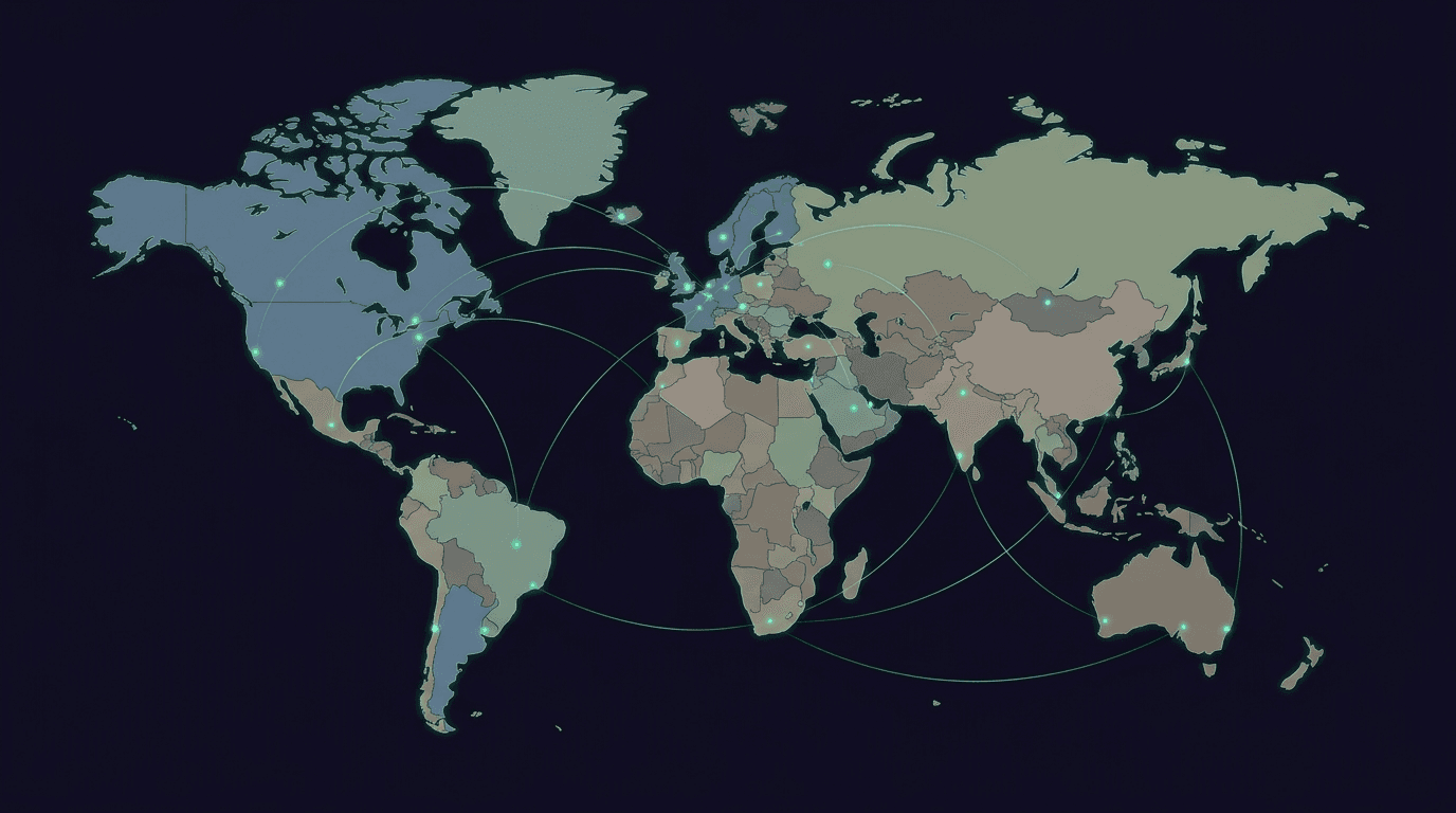Eine stilisierte Weltkarte auf dunklem Grund mit leuchtenden grünen Verbindungslinien und Knotenpunkten, die ein globales Ladenetzwerk andeuten.