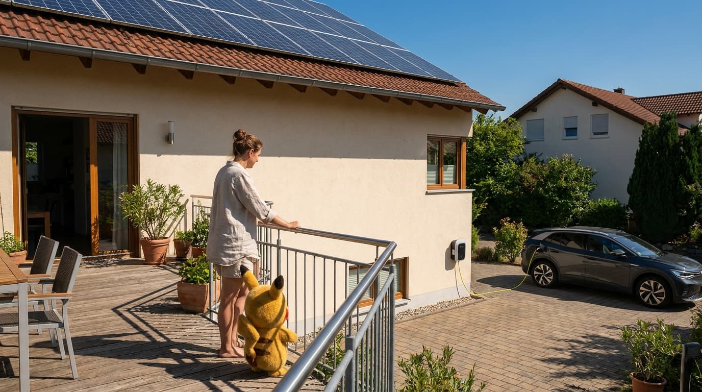 Ein weißes E-Auto lädt an einer Wallbox, die an einer Hauswand mit Solaranlage auf dem Dach montiert ist.