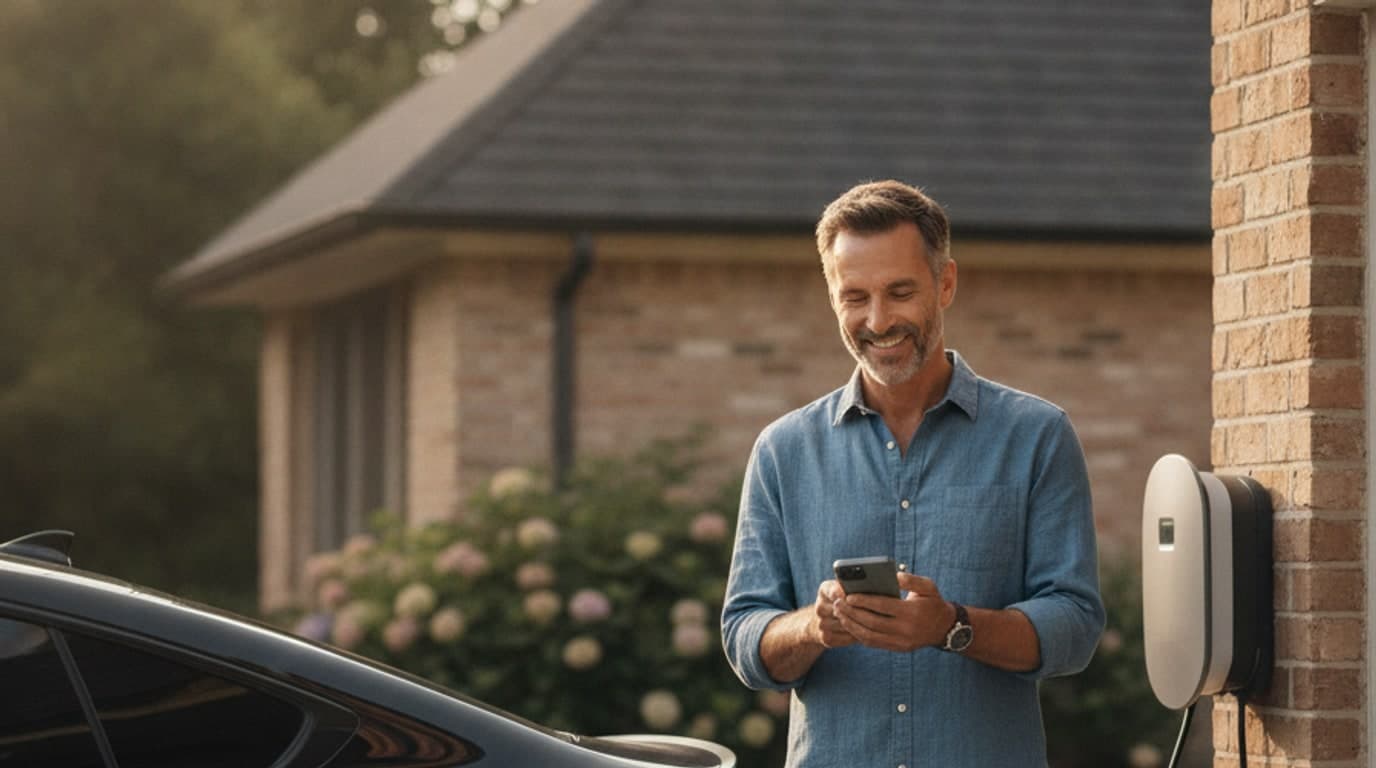 Person lädt ihr E-Auto an einer privaten Wallbox in der Einfahrt. Bild mit KI erstellt