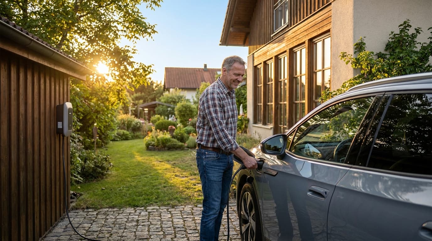 Ein Elektroauto lädt an einer privaten Wallbox, die an der Hauswand eines Einfamilienhauses montiert ist, in der Abenddämmerung.