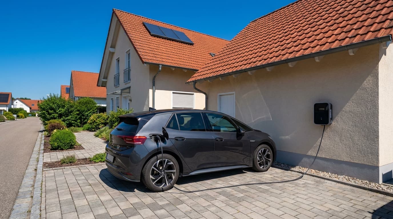E-Auto lädt flexibel an einer Wallbox im Sonnenlicht, mit Blick auf Solarmodule.