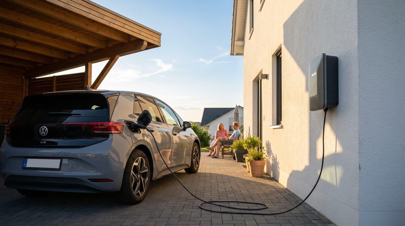 Ein weißes Elektroauto lädt an einer privaten Wallbox, die an der Fassade eines Wohnhauses montiert ist, in warmem Abendlicht.