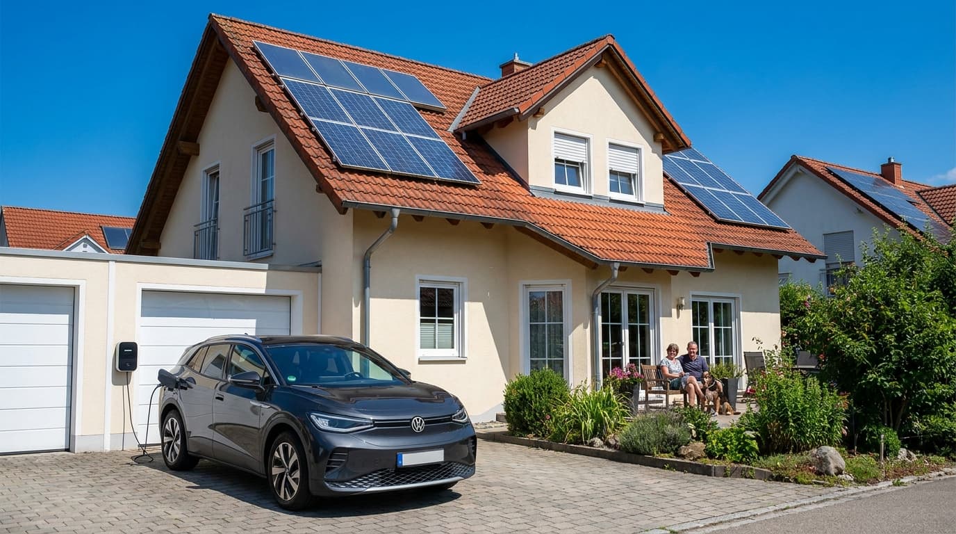 Solarpaneele auf einem Dach und ein Elektroauto, das an einer Wallbox lädt