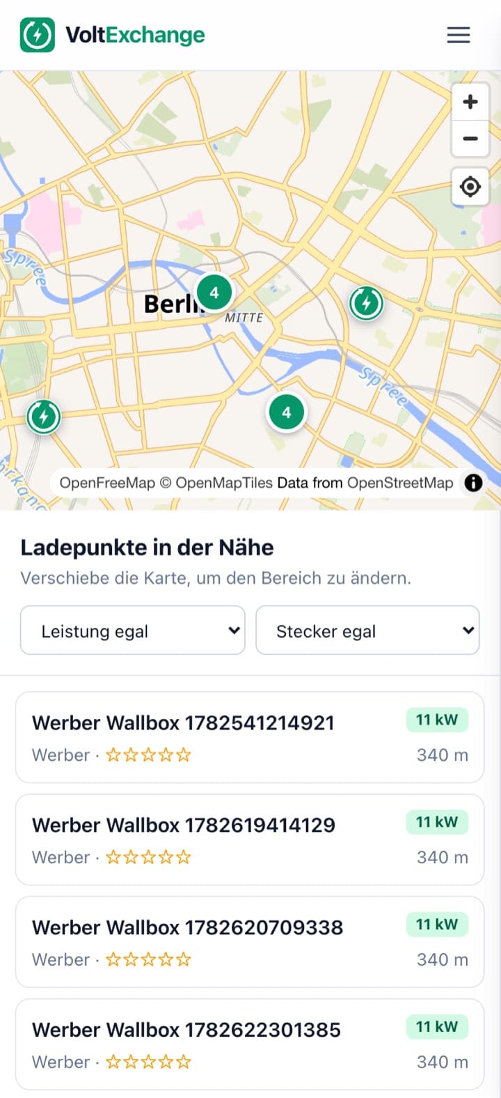 VoltExchange map with charge points